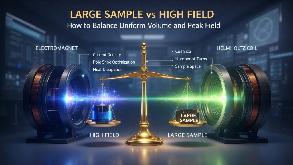 comparison of large uniform magnetic field region and high peak field electromagnet