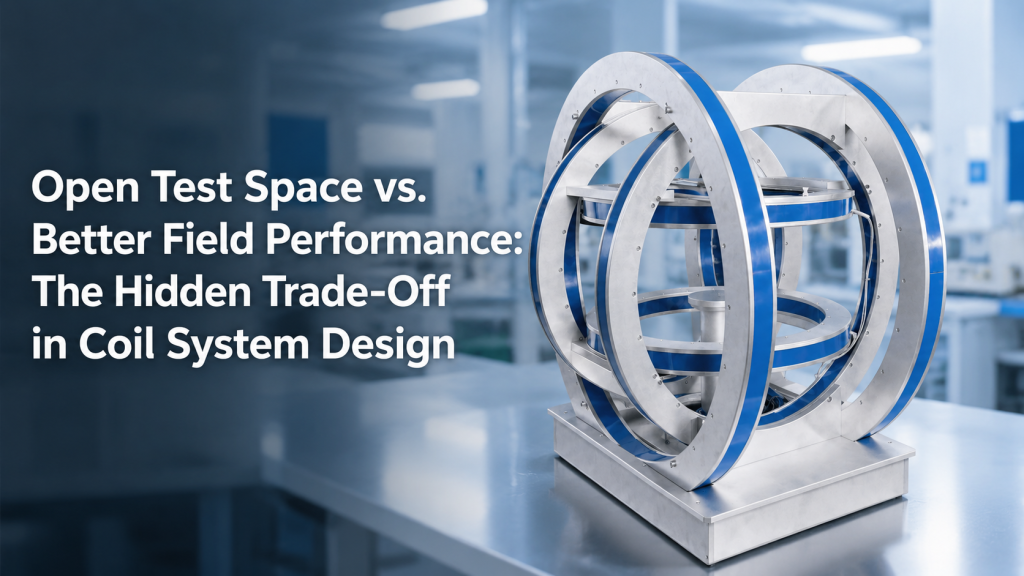 custom Helmholtz coil design with open test space and uniform magnetic field region
