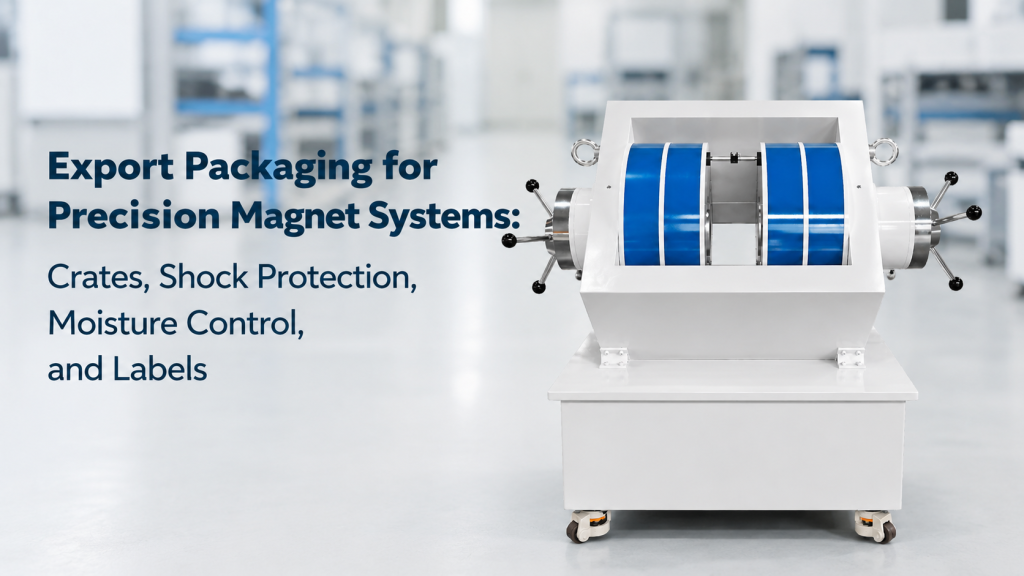 export packaging for magnet systems with wooden crate shock protection moisture control labels and precision equipment