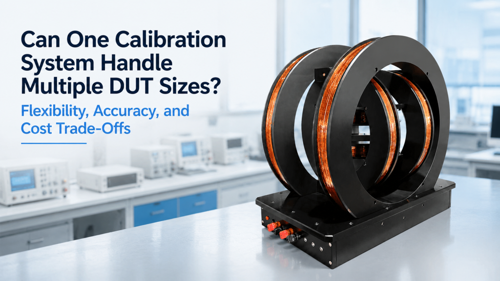 calibration system for multiple DUT sizes inside a three-axis Helmholtz coil with interchangeable fixtures