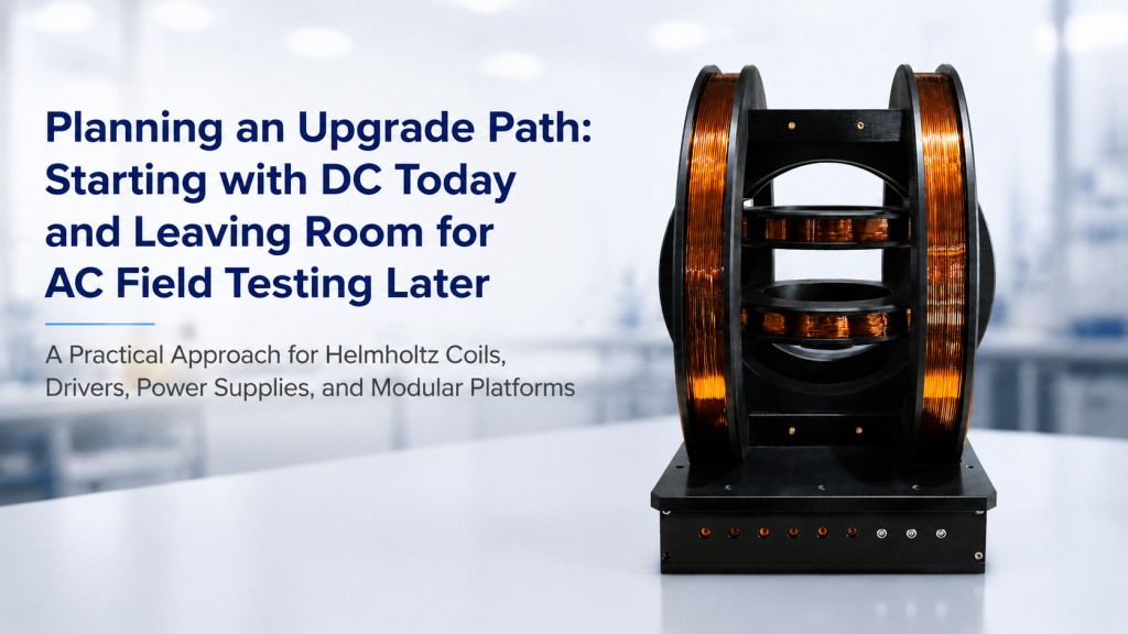 DC to AC magnetic field testing upgrade path with Helmholtz coil driver power supply and waveform control