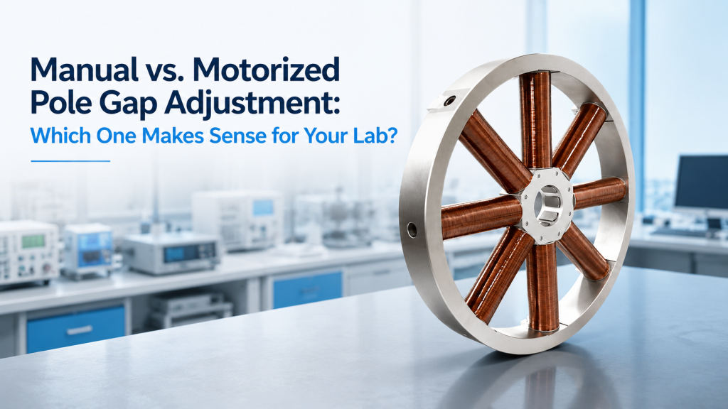 manual vs motorized pole gap adjustment on a laboratory electromagnet with handwheel motor encoder and sample gap