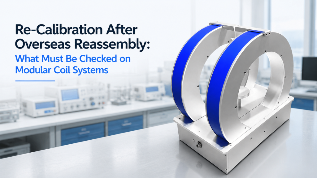 modular coil system re-calibration after overseas reassembly with three-axis Helmholtz coil field probe alignment and site acceptance