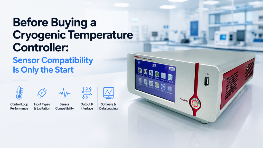 cryogenic temperature controller with temperature sensor and cryogenic sample stage