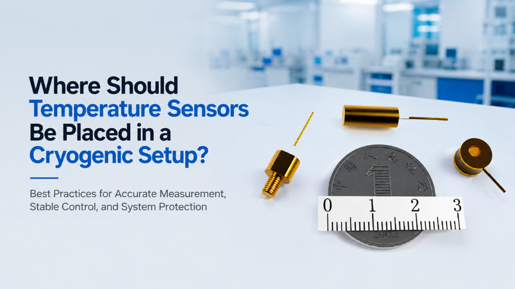 cryogenic temperature sensor placement on sample stage cold head and heater control system
