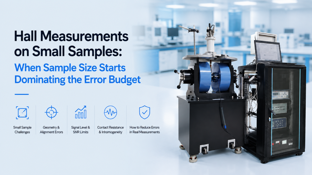 Hall measurements on small samples with micro contacts probe fixture and magnetic field