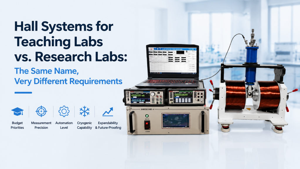 Hall systems for teaching labs vs research labs with electromagnet and semiconductor sample