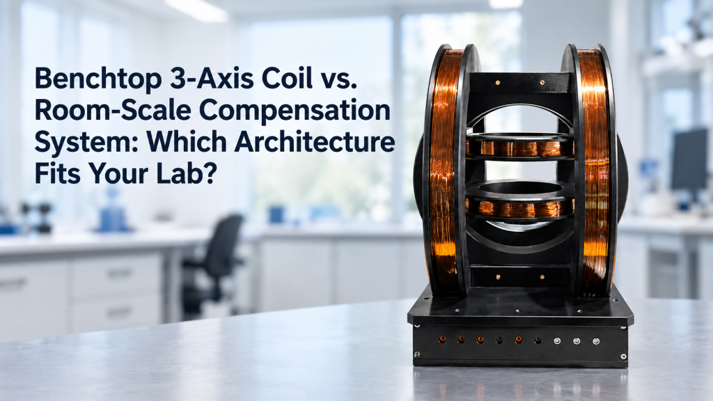 3-axis Helmholtz coil system compared with room-scale active magnetic field compensation