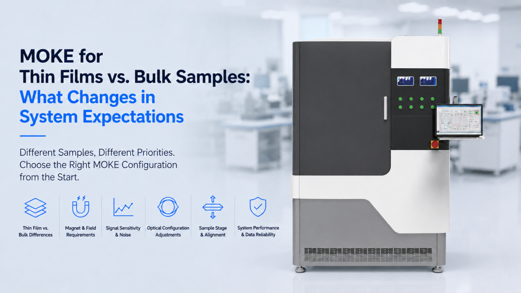 MOKE for thin films vs bulk samples with optical beam electromagnet and sample stage