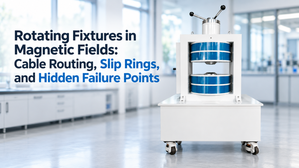 rotating fixture in magnetic field with cable routing and slip ring